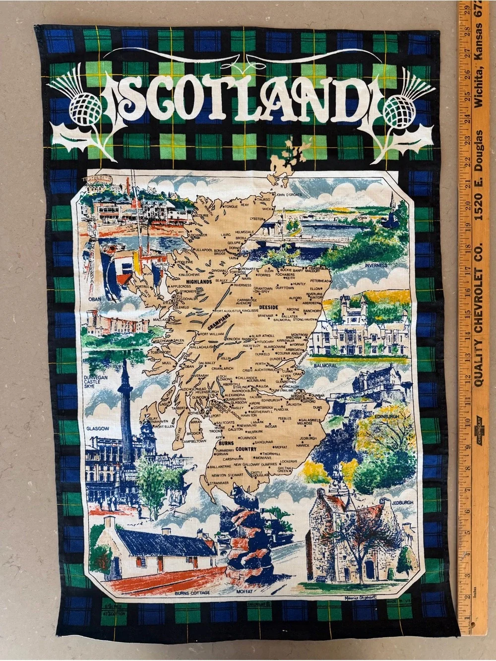 Vintage Maurice Oliphant Scotland Map Tea Towel Wall Hanging Tartan - Made in UK